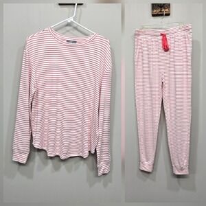 LOFT 2 Piece Pajama Pant Set Medium Red White Pin Stripe Jogger Soft Lounge NEW